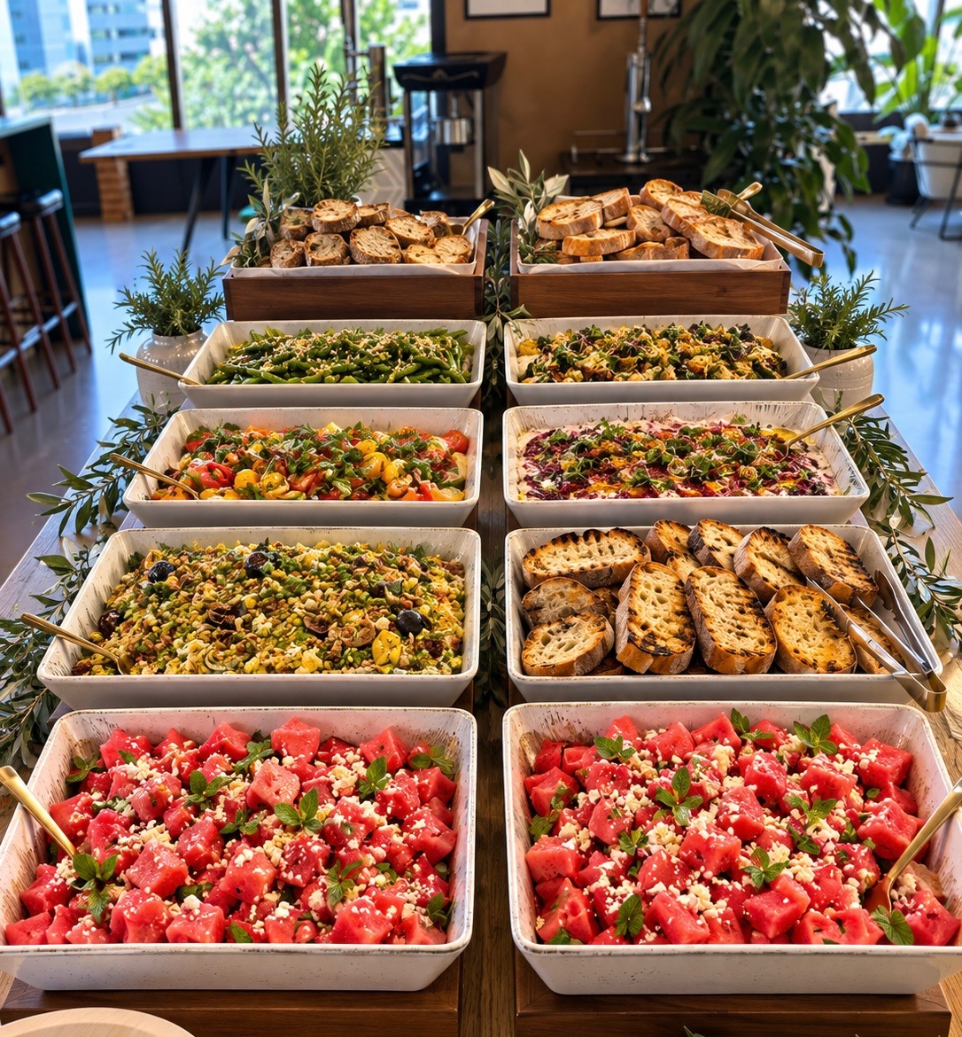 Falcon & Fig Mediterranean catering displayed in white serving trays with grilled bread, salads, vegetables, and watermelon