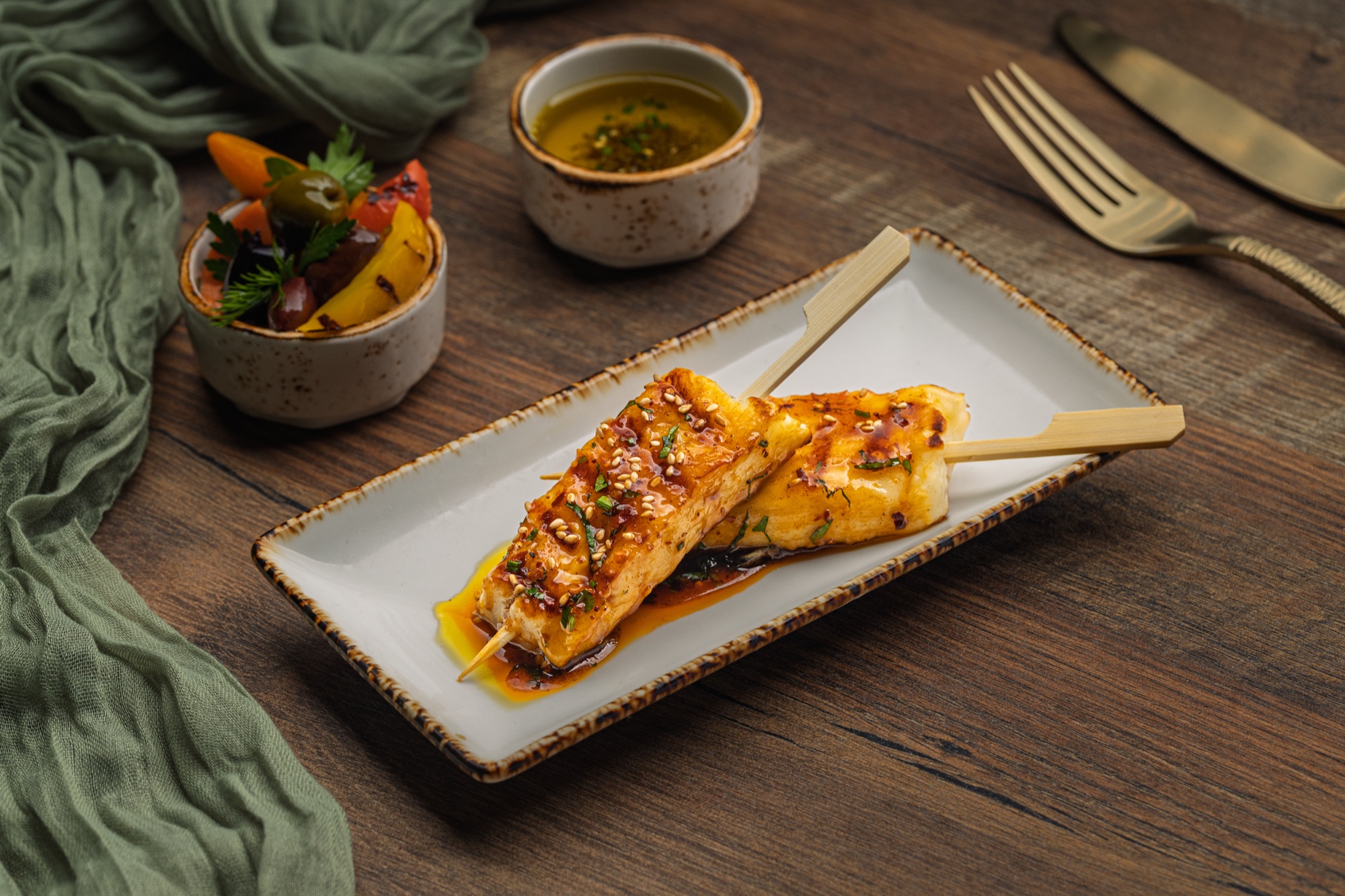 Grilled haloumi skewers with chili honey glaze