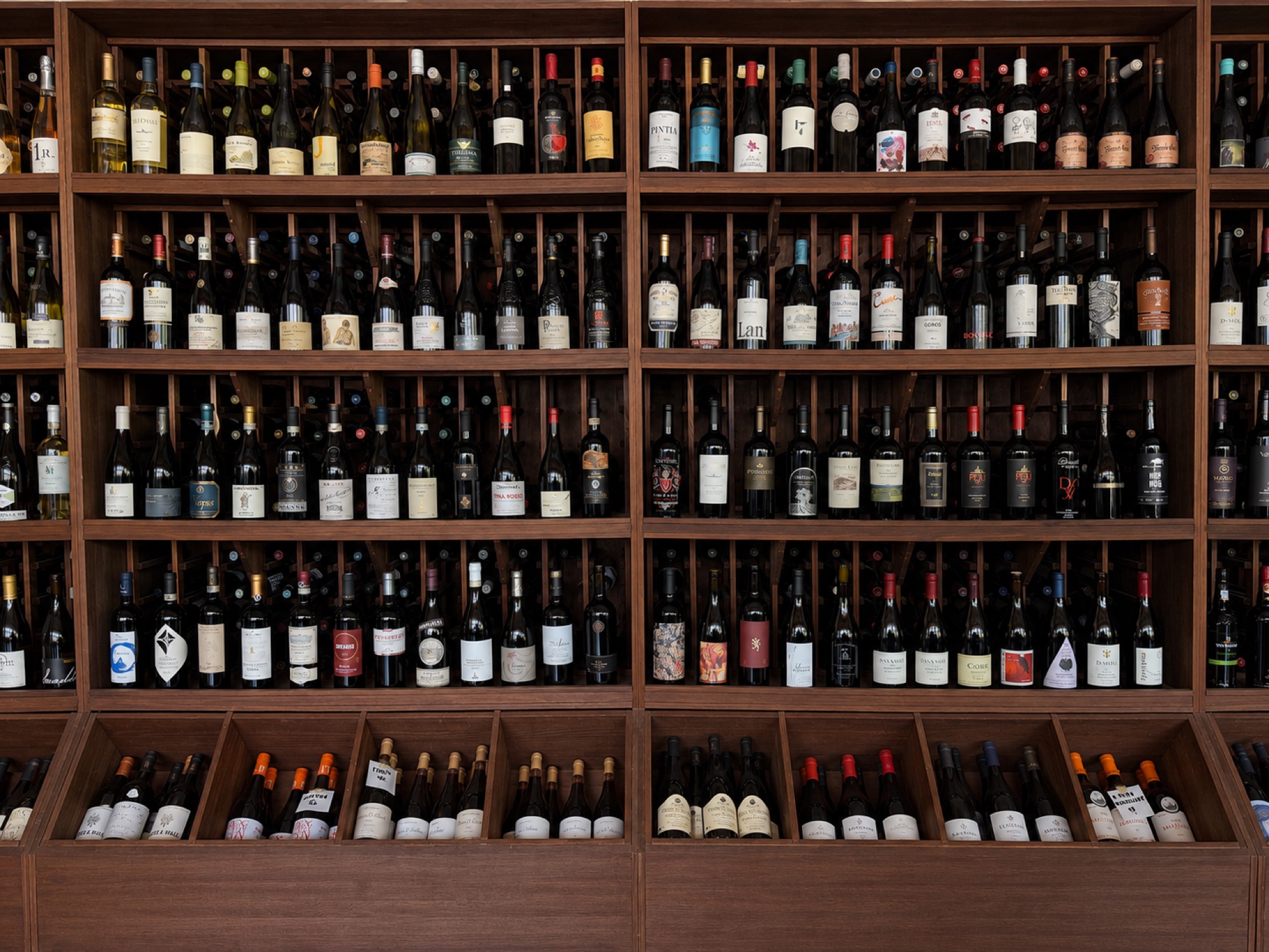 A wall of curated wine bottles at Falcon & Fig